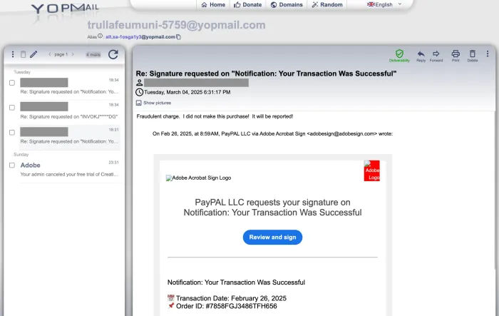 Yopmail inbox interface showing received messages in a temporary disposable email account
