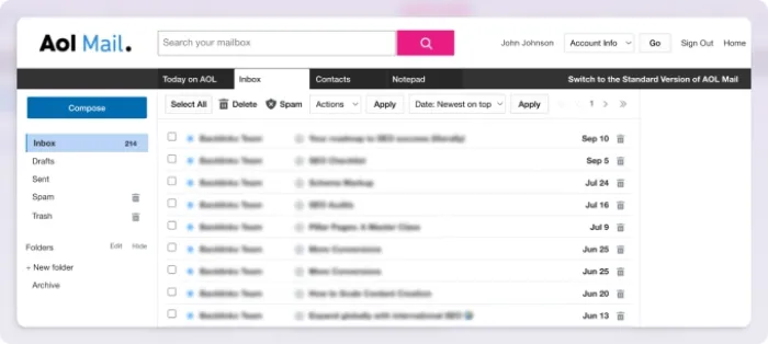 AOL Mail inbox screenshot showing mailbox layout and message list