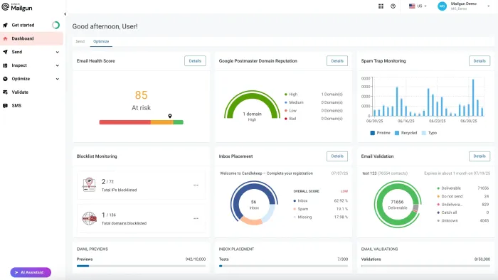 Mailgun dashboard screenshot showing domain settings, email logs, API setup, and sending activity