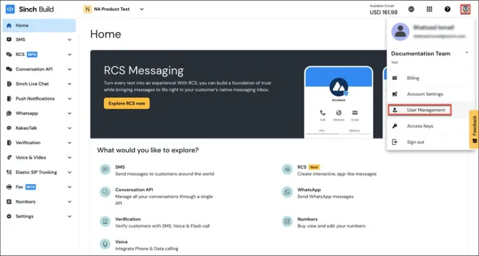 Sinch dashboard screenshot showing messaging APIs account settings logs numbers and communication tools