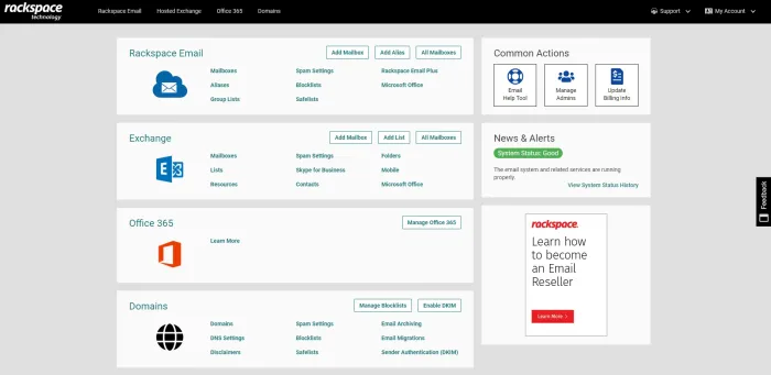 Rackspace Email dashboard screenshot showing mailbox management account settings and hosted email controls