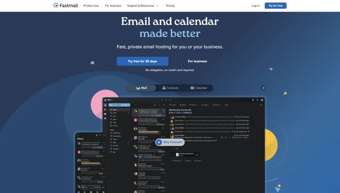 Fastmail email interface showing inbox on desktop and mobile