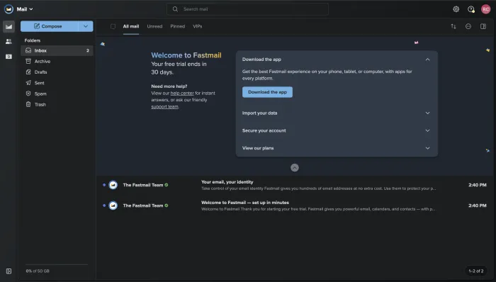 Fastmail dashboard