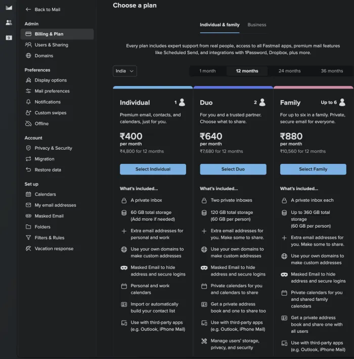 Fastmail individual pricing plan