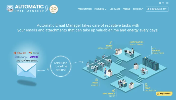 Automatic Email Manager homepage showing email sources, rule engine, and output actions including print, save, and notify
