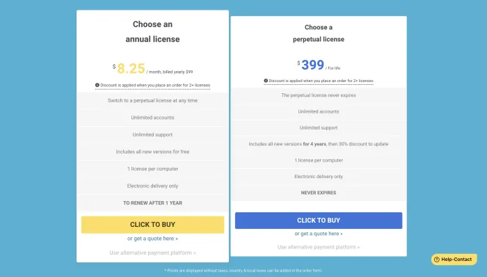Automatic Email Manager pricing page showing $99 annual license and $399 perpetual license options