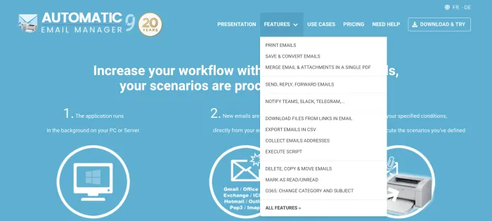 Automatic Email Manager features dropdown menu showing full list of available actions including print, save, convert, notify, and execute script