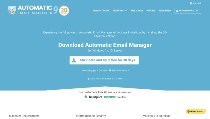 Automatic Email Manager download page showing Windows 11, 10, Server support, version 9.15.0905, and 30-day free trial button