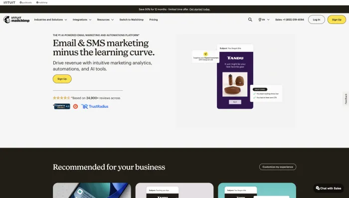 Mailchimp homepage screenshot showing email marketing, SMS marketing, automation, and business growth features