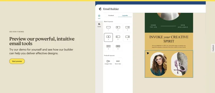 Mailchimp email campaign builder screenshot showing drag-and-drop email editor and content blocks