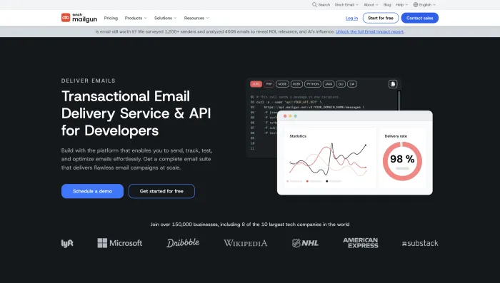 Mailgun homepage screenshot showing transactional email API, SMTP relay, and developer email infrastructure features