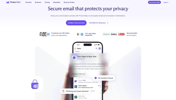 Proton Mail homepage screenshot showing secure email, privacy, encryption, and free email account features