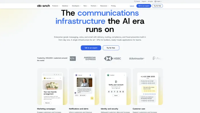 Sinch homepage screenshot showing SMS messaging voice email video and verification APIs