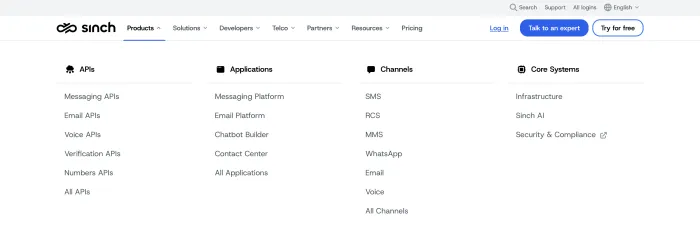 Sinch features screenshot showing SMS voice email video verification and customer communication APIs