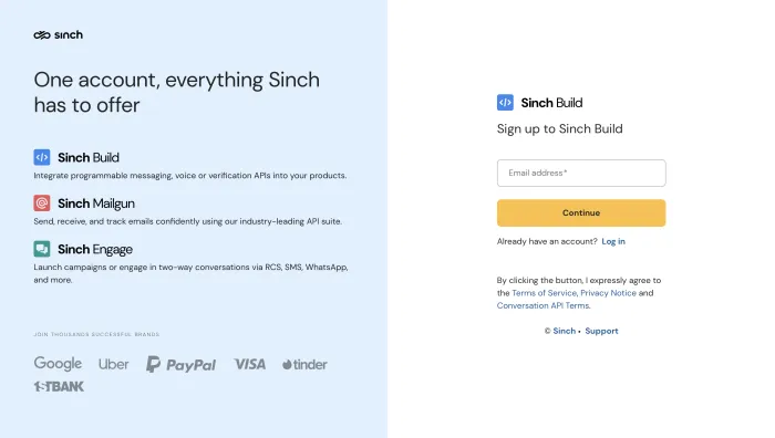 Sinch signup page screenshot showing account creation onboarding verification and business communication setup