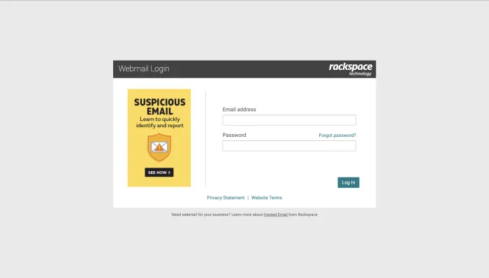 Rackspace Email webmail login page screenshot showing business email sign in form