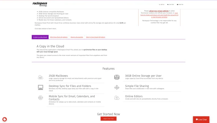 Rackspace Email features screenshot showing webmail mobile access email hosting Email Plus and archiving