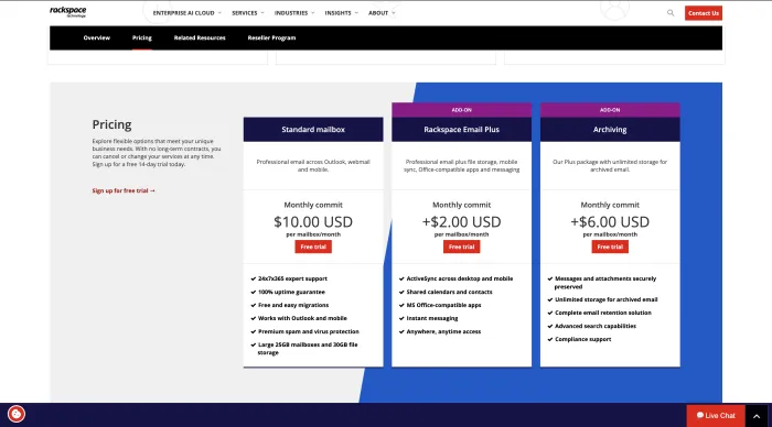 Rackspace Email pricing page screenshot showing hosted email plans Email Plus and archiving add-ons