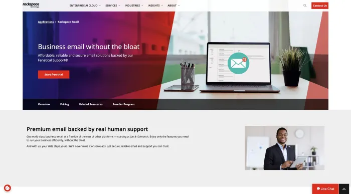 Rackspace Email homepage screenshot showing hosted business email and webmail access