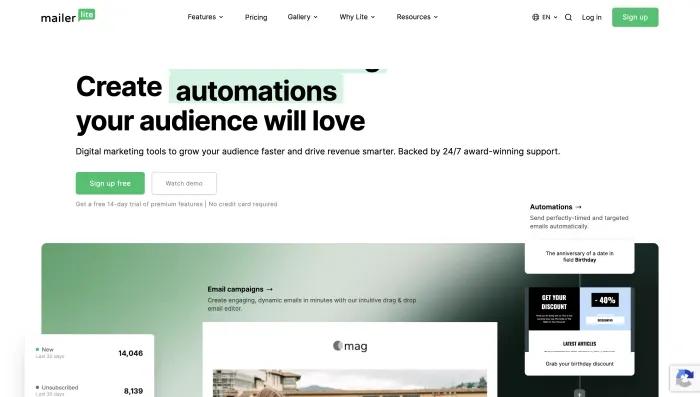 MailerLite homepage screenshot showing email marketing platform landing page