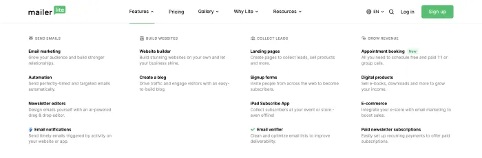 MailerLite features screenshot showing email campaigns automation landing pages forms and websites