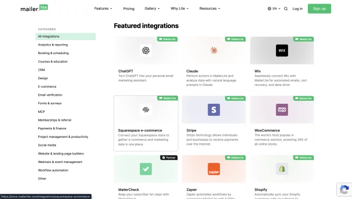 MailerLite integrations screenshot showing connected apps and email marketing integrations