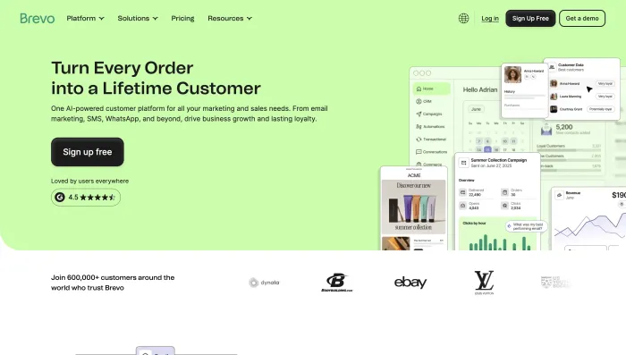 Brevo homepage screenshot showing email marketing SMS CRM and automation platform