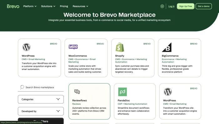 Brevo integrations screenshot showing connected apps ecommerce CRM forms and automation integrations