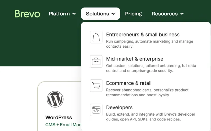 Brevo solutions screenshot showing email marketing CRM SMS automation and customer communication tools