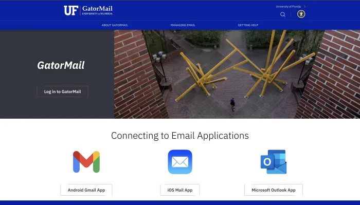 UF GatorMail homepage screenshot showing official University of Florida email access page