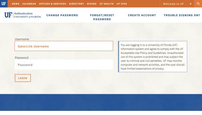UF GatorMail login page screenshot showing GatorLink sign in access