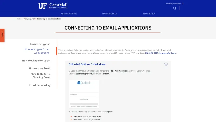 UF GatorMail connecting to email services page screenshot showing Outlook and email setup guidance