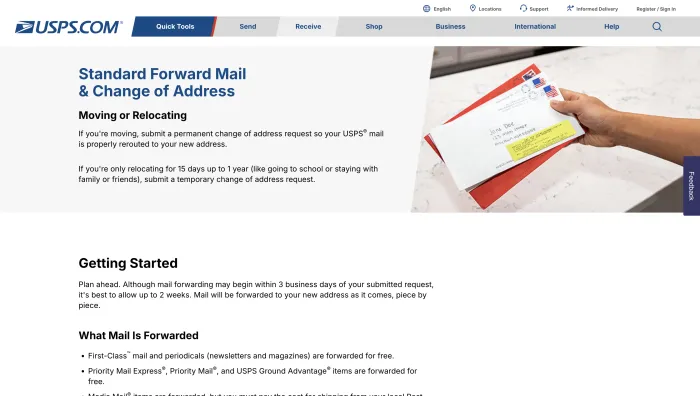 USPS mail forwarding homepage screenshot showing Change of Address and mail forwarding options