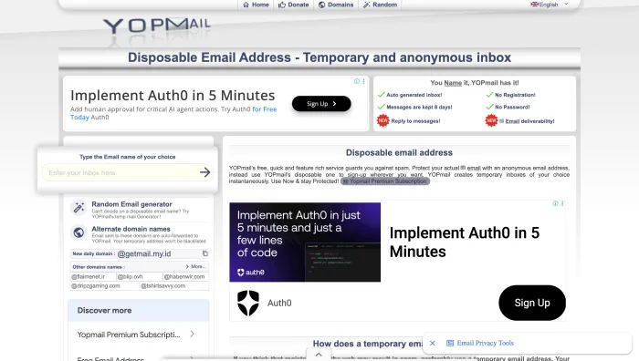 Yopmail homepage showing disposable email inbox search and temporary email address access